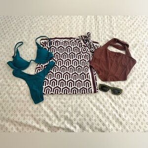 SHEIN Teal Bikini Set with Burgundy Geometric Cover-Up and Rust Crop Top